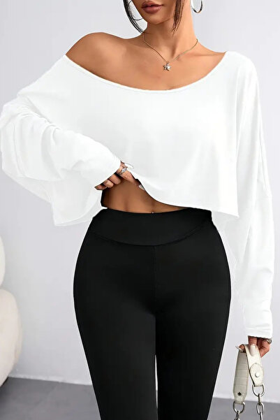 COOL TARZ White - Gray 2-Piece Women's Off-Shoulder Boat Neck Oversized Long Sleeve Crop T-Shirt