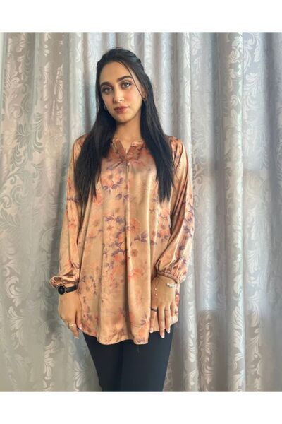 Hayati Collections قطعة واحدة - قميص حريري ذهبي فاتح بطباعة رقمية