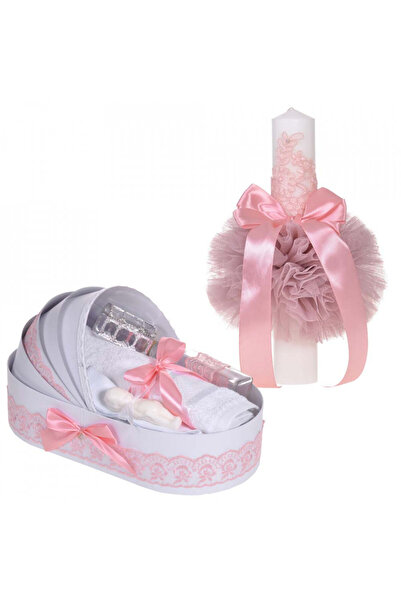 BebeNou Κομψό Σετ Βάπτισης με Ροζ Δαντέλα & Λαμπάδα για Κορίτσια