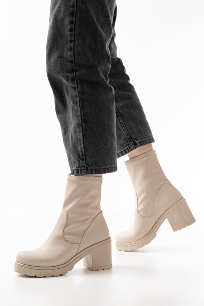 Aymood 767-3040 Beige Daily Thick Heeled Women's Boots