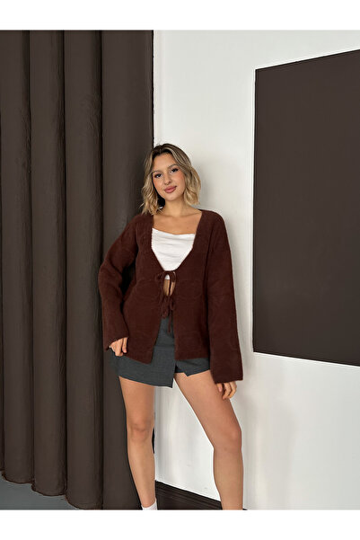 MODAMERSİ Women's Brown Front Lace-Up Soft Knit Cardigan