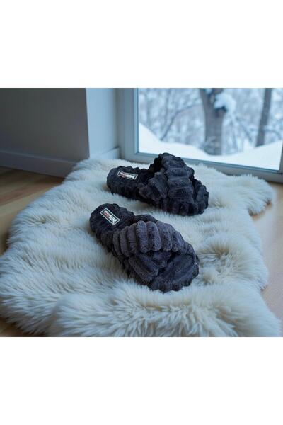 Akınal Bella papuci de casă pentru femei, negri, împletiti, din pluș, cu talpă anti-alunecare