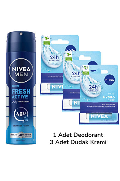 NIVEA Men Erkek Sprey Deodorant Fresh Active 150 ml + Dudak Bakım Kremi Hydra...