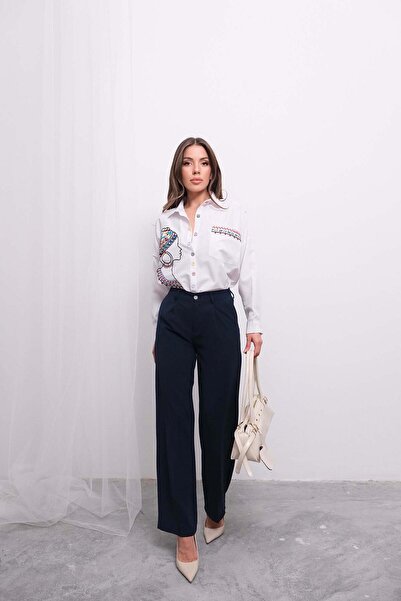 Hatun Atila Зручні брюки-палаццо з високою талією, еластичною стрічкою ззаду та складками 4315 - Синій