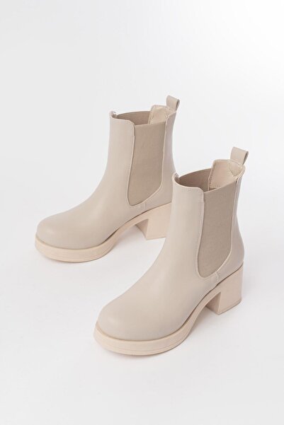 Aymood 5109-3056 Beige Elastic Zippered Thick Heeled Daily Women's Boots