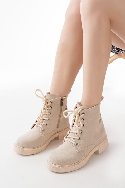 Aymood 02-2003 Beige Suede Lace-Up Zippered Casual Women's Boots