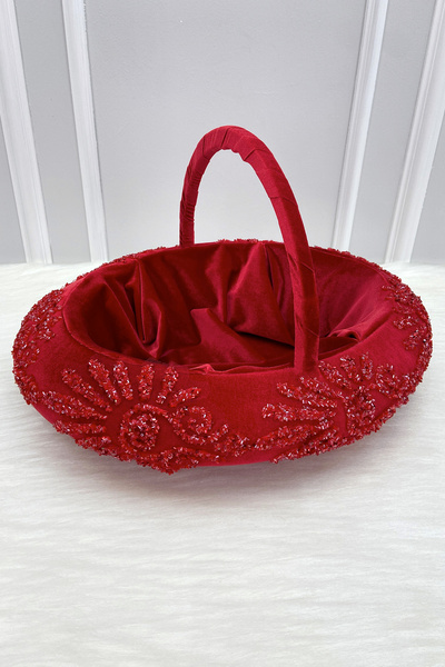 ZEYMERADE سلة العروس الحمراء لليلة الزفاف، مزينة بتطريزات فاخرة من المخمل الم...
