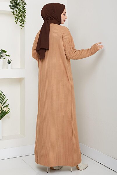 hafsamina Corded Fabric Knitwear Dress Camel Hm2247