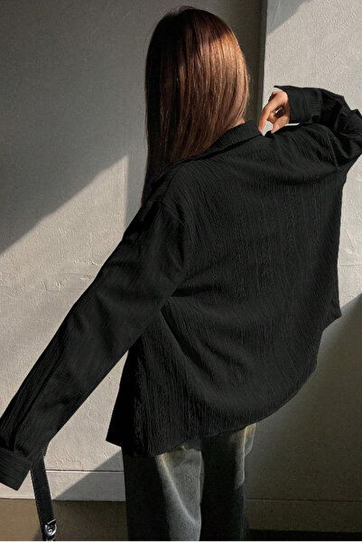 Tarz Cool Women's Oversize Wide Cut Wrinkle Detail Long Sleeve Textured Black Shirt