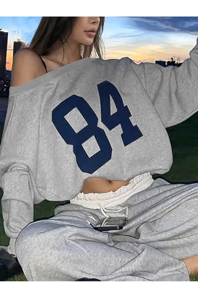 LOUİSA Kadın Gri 84 Baskılı Kayık Yaka Sweatshirt