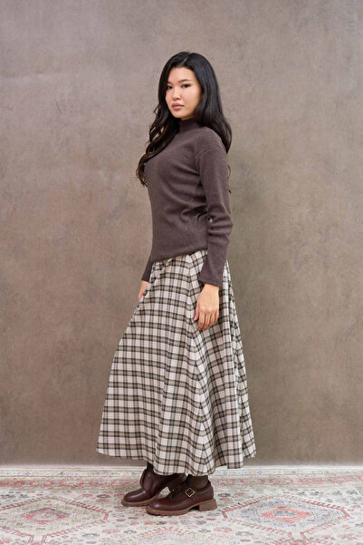 KÜÇÜĞÜM BUTİK Krem Kloş Dört Parçalı Ekose Etek