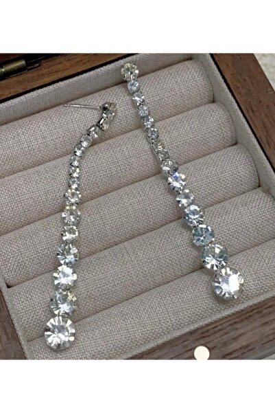 ER TAKI Silver Color Round Stone Long Dangle Stylish Party Engagement Henna Wedding Evening Dress Earrings