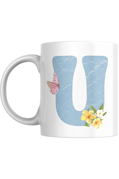 SiestaSafari Coffee Mug with Letter U - Personalized Alphabet with Floral Butterfly, Gift for Woman