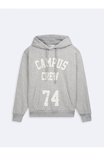 Ltb Long Sleeve Hooded Slogan Printed Gray Sweatshirt