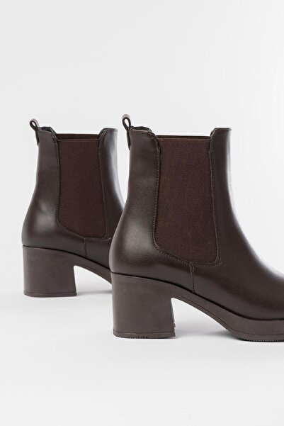 Aymood 5109-3056 Кафяви еластични дамски ботуши с дебел ток и цип за всеки ден