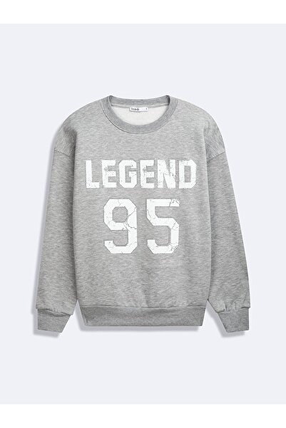 Ltb Сива блуза с дълъг ръкав, обло деколте и надпис