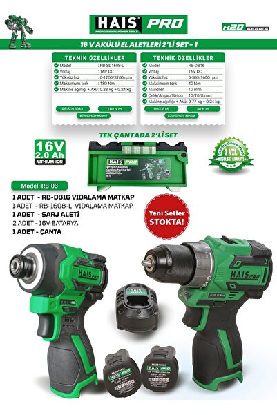Hais HaisPro Akülü Set - 2'li Profesyonel 16V Akülü Set + 2X2 Ah Çift Akü - RB-03
