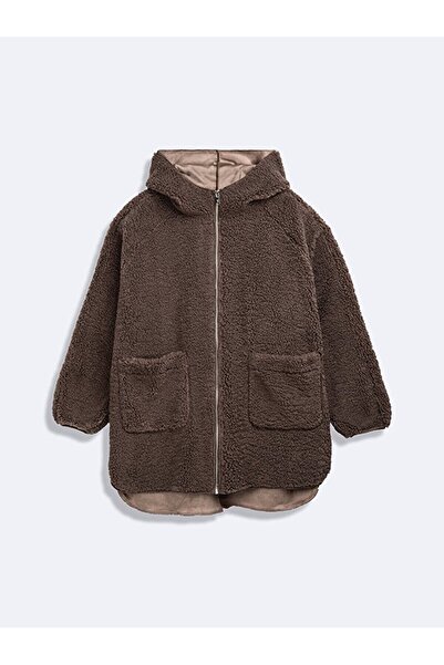 Ltb Long Sleeve Fleece Zippered Hooded Brown Color Coat