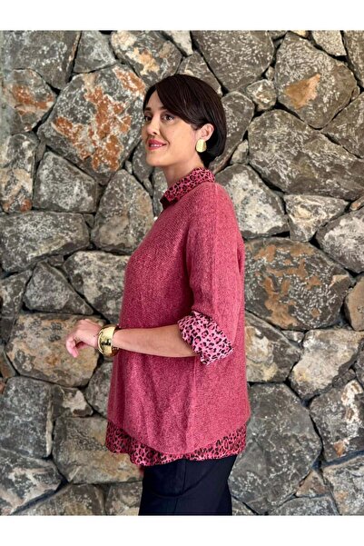 Punta Otantik Nc516020 Italian Leopard Pattern Men's Collar Sweater Burgundy