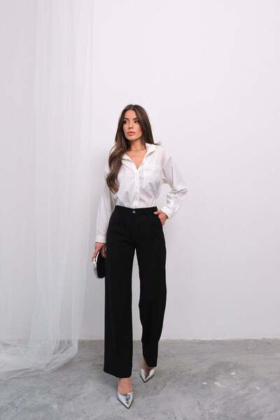 Hatun Atila Relaxed Fit Pleated High Waist Elasticated Back Palazzo Pants 4315 - Black