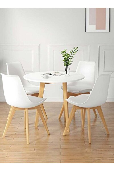 Taimi 5-Piece Dining Set, White Modern Round Table | 80x80x70cm with 4 White Elegant Soft Padded Chairs