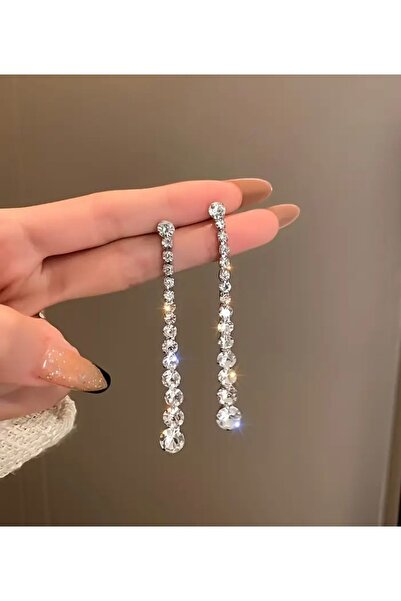 ER TAKI Silver Color Round Stone Long Dangle Stylish Party Engagement Henna Wedding Evening Dress Earrings