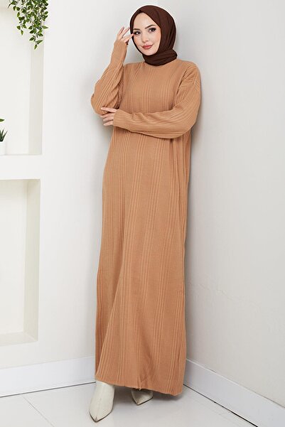 hafsamina Corded Fabric Knitwear Dress Camel Hm2247