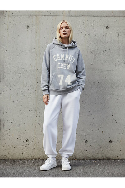 Ltb Long Sleeve Hooded Slogan Printed Gray Sweatshirt