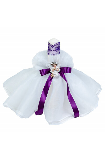 BebeNou Lumânare de botez cu fundă mov, îngeraș, fată, Denikos®