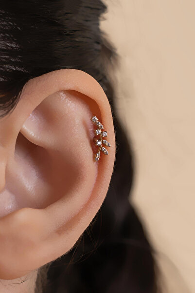 AMES GOLD KUYUMCULUK 14 Ayar Altın Beyaz Taşlı Yaprak Tragus