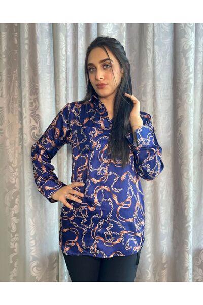 Hayati Collections قطعة واحدة - قميص حريري أزرق بطباعة رقمية