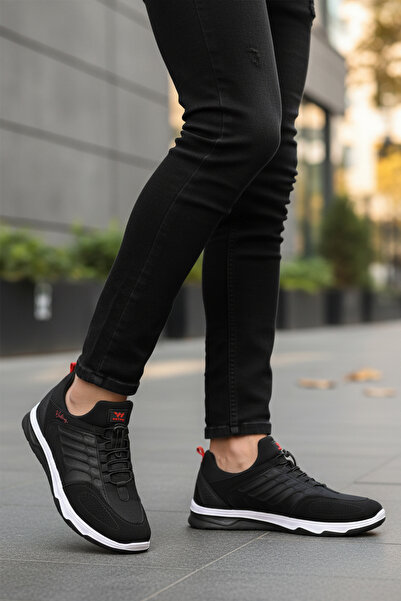 WALKWAY Black Red Elastic Lace-Up Lightweight Flexible Men's Sports Shoes Dong 2534 m