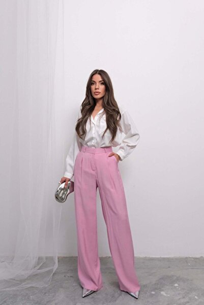 Hatun Atila Relaxed Fit High Waist Flowy Double Leg Pants 4318- Pink