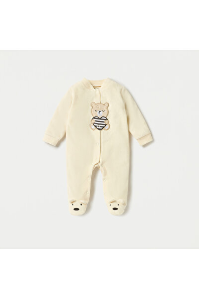 Juniors Bear Applique Velour Closed Feet Sleepsuit with Snap Button Closure
