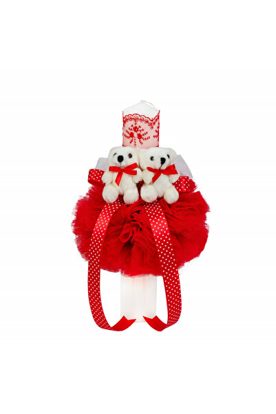 BebeNou Κόκκινη Διακοσμητική Λαμπάδα Βάπτισης με 2 Αρκουδάκια για Κορίτσια