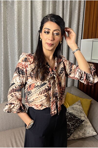 Hayati Collections قطعة واحدة - قميص جورجيت بني مطبوع