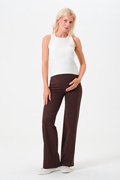 BUSA Maternity Wide Leg Jersey Pants with Adjustable High Waist Band Dark Brown