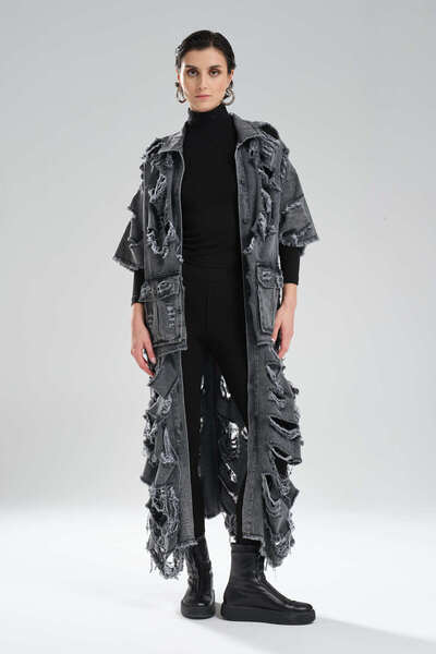 tw3 Jachetă lungă pentru femei, cu detaliu rupt, cu nasturi în față