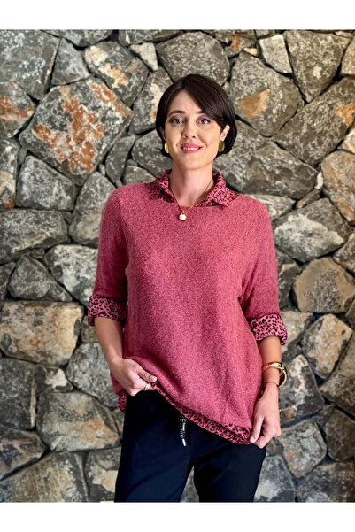 Punta Otantik Nc516020 Italian Leopard Pattern Men's Collar Sweater Burgundy