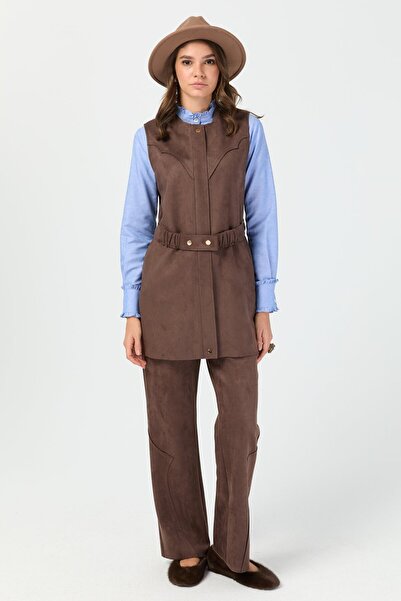 Esswaap Kemer Detaylı Süet Yelek Kahverengi