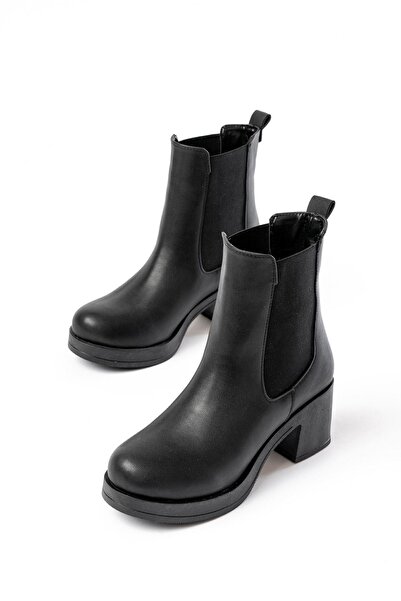 Aymood 5109-3056 Black Elastic Zippered Thick Heeled Daily Women's Boots