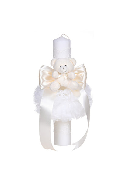 BebeNou Lumânare de botez fildeș cu fundă, dantelă și ursuleț Denikos®