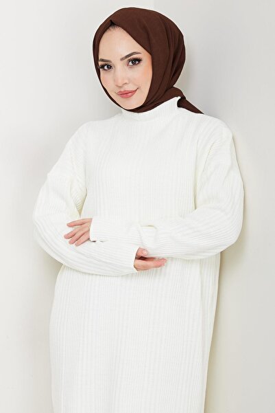hafsamina Corded Fabric Knitwear Dress White Hm2247