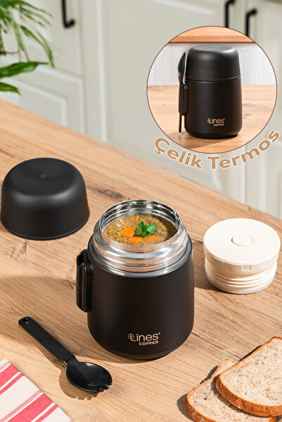 Porsima Paslanmaz Çelik Vakumlu Yemek Termosu Beslenme Kutusu Taşınabilir Lunch Box Sefer Tası Siyah 600ml