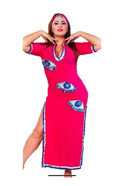 GENERIC4 Oriental dance dress with shiny eye embroidery and side slit, suitable for performances