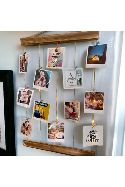 onehediye Kişiye Özel 12 Fotoğraflı Mandallı Jüt İpli 3 Mt Led Işıklı Masif Ahşap Fotoğraf Askısı