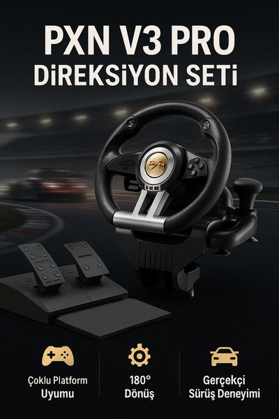 Coverzone Direksiyon Seti – 180° Dönüş, Çift Motor Titreşim, Pedal ve Vitesli Oyun Direksiyonu | PXN V3 Pro