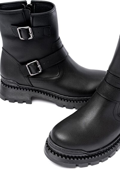 Aymood 2051-2014 Black Buckle Flat Heeled Buckle Zippered Daily Women's Boots