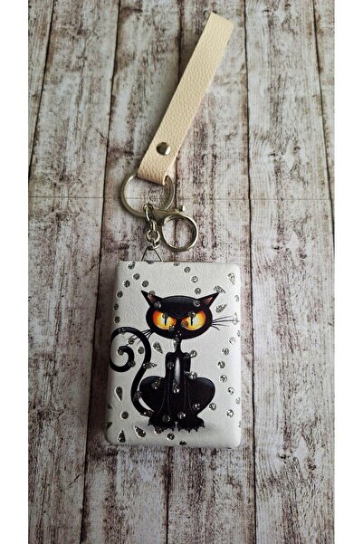 Svc Aksesuar Mirror Keychain with Stones and Cat - Bag Ornament - Height 25 cm Width 6 cm