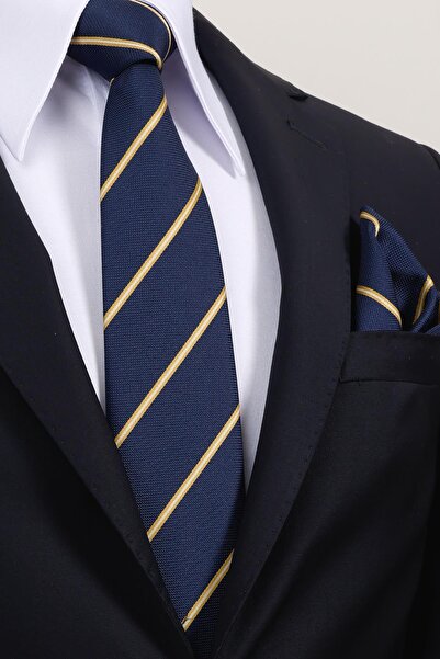 Esgue 8 cm Yellow Navy Blue Striped Hand Made Classic Wide Tie